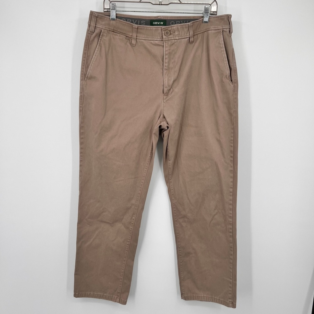 Orvis Mens Chino Pants 36W 32L Tan Khaki Flat Front Cotton Blend Casual Trousers